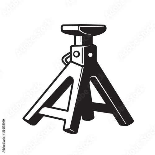 Isolated black and white illustration of a robust silhouette vehicle jack stand designed for automotive maintenance and car repair.