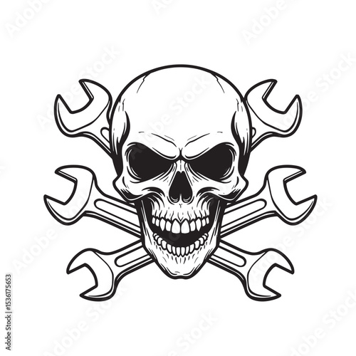 Skull mechanic silhouette with crossed wrenches depicting a bold automotive and repair symbol for diverse applications