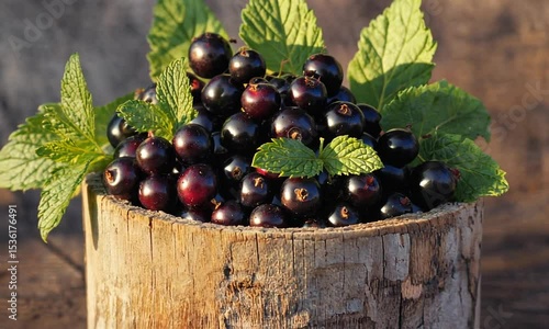 Fresh blackcurrants nestled in a rustic wooden bowl surrounded by vibrant green mint leaves