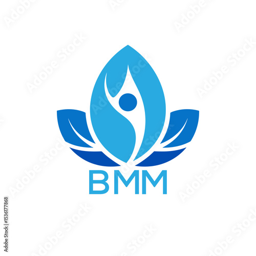 Modern Wellness Leaf Logo Design with Human Figure and BMM Letters in Blue Gradient.
