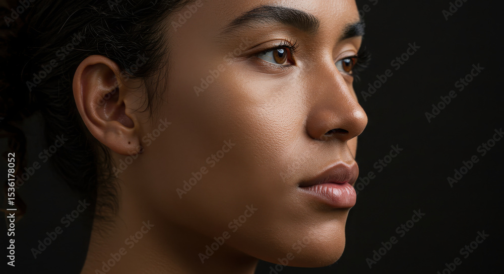 Fototapeta premium Side profile close-up of an androgynous person on a dark background.