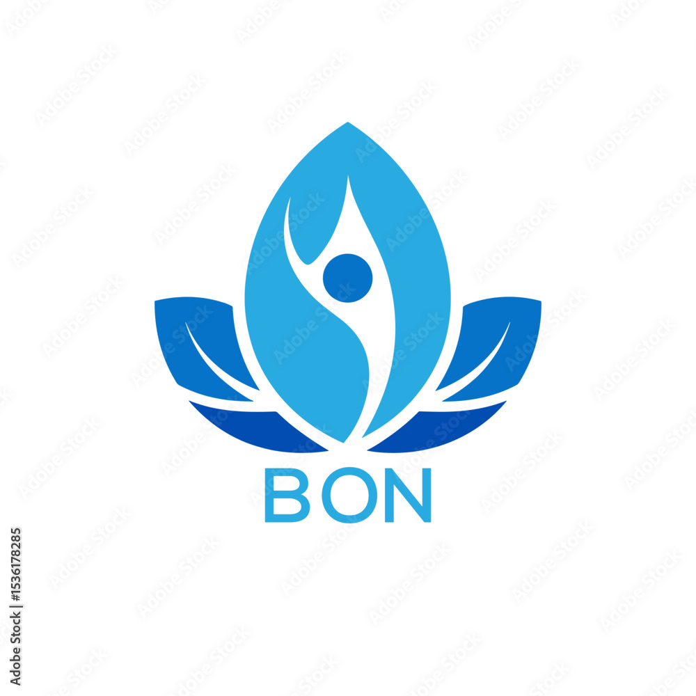 Fototapeta premium Modern Wellness Leaf Logo Design with Human Figure and BON Letters in Blue Gradient. 