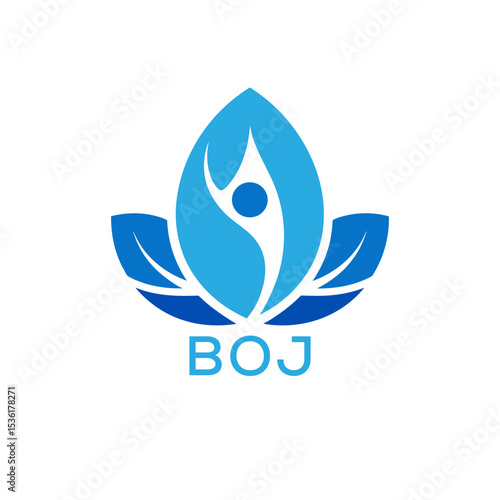 Modern Wellness Leaf Logo Design with Human Figure and BOJ Letters in Blue Gradient.
