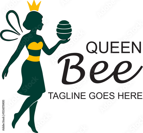 vector queen bee logo female insect character crown icon yellow black stripe design for shop product branding