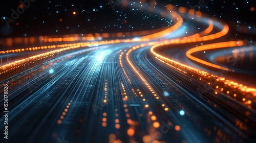 A sleek futuristic highway with glowing road lines and hovering cars 