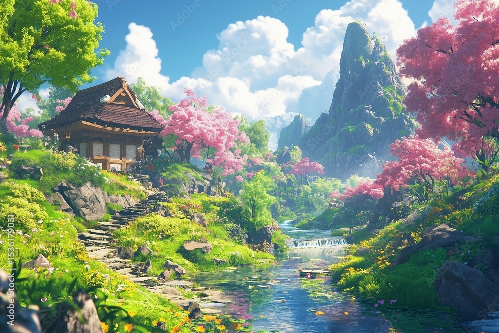 Fototapeta premium summer scene in fantasy world by generative ai