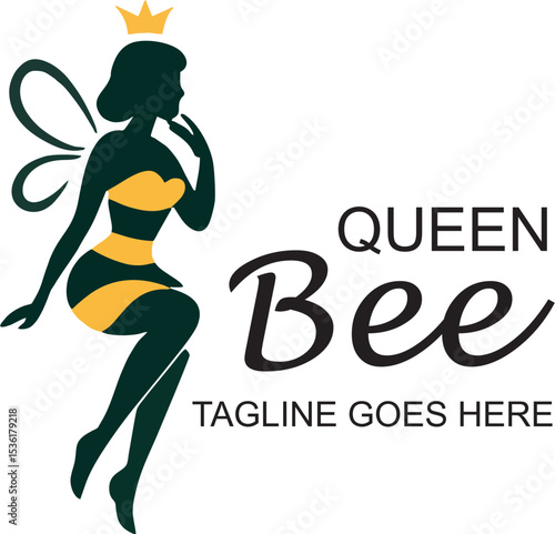 queen bee logo illustration vector female honeybee mascot crown yellow black dress creative branding design
