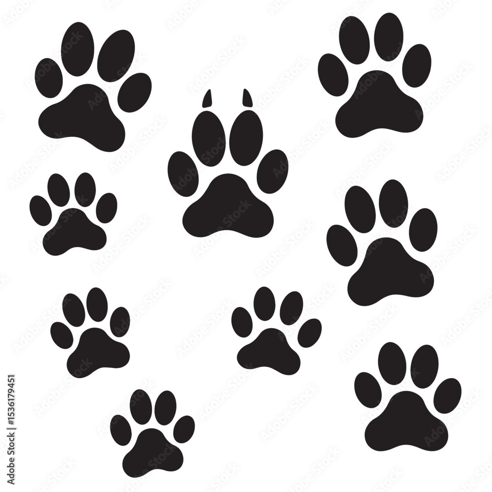 Fototapeta premium A collection of stylized black silhouette paw prints scattered across a white background ideal for various animal related designs