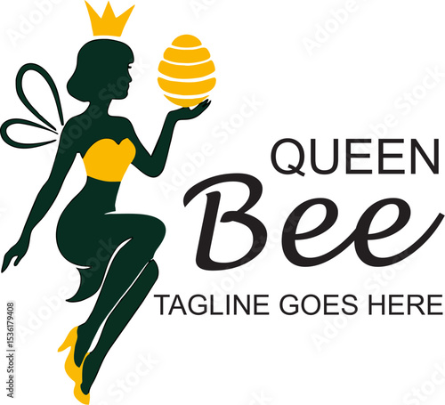 queen bee logo illustration vector art female honey bee character with crown for business label and branding
