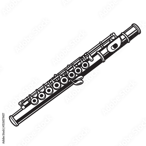 A detailed black and white silhouette illustration of a flute a woodwind musical instrument designed in a simplistic art style.