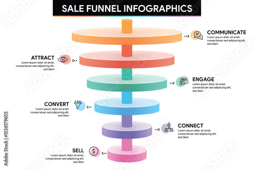 6 Phase Funnel Diagram in Glassmorphism Style. Circle Shape with Cylinder Pipeline Infographic Template Illustration for Business Report.