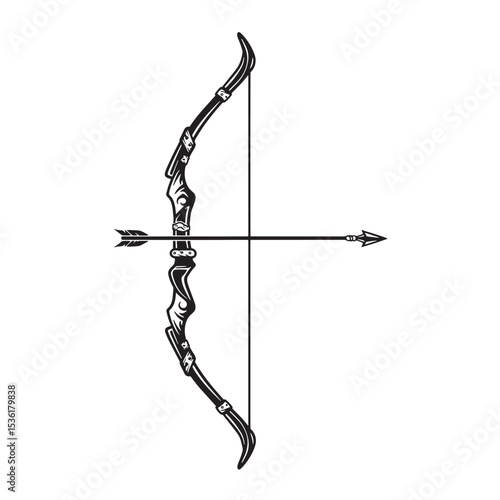 A meticulously crafted silhouette of an elegant bow and arrow ready to be fired representing archery and precision against a clean white background.