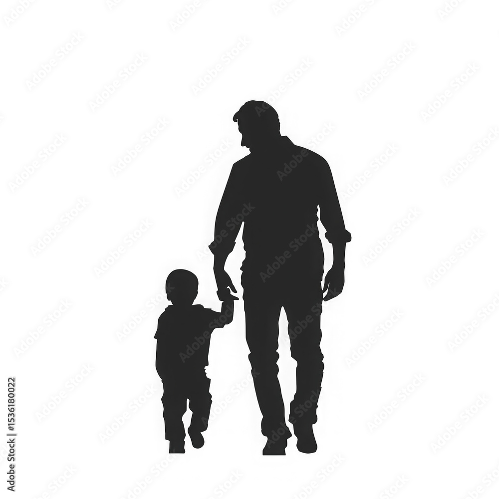 silhouette of a father holding hands with a small child, walking together, isolated on white and transparent background silhouette of a father holding hands with a small child, walking together, isolated on white and transparent background