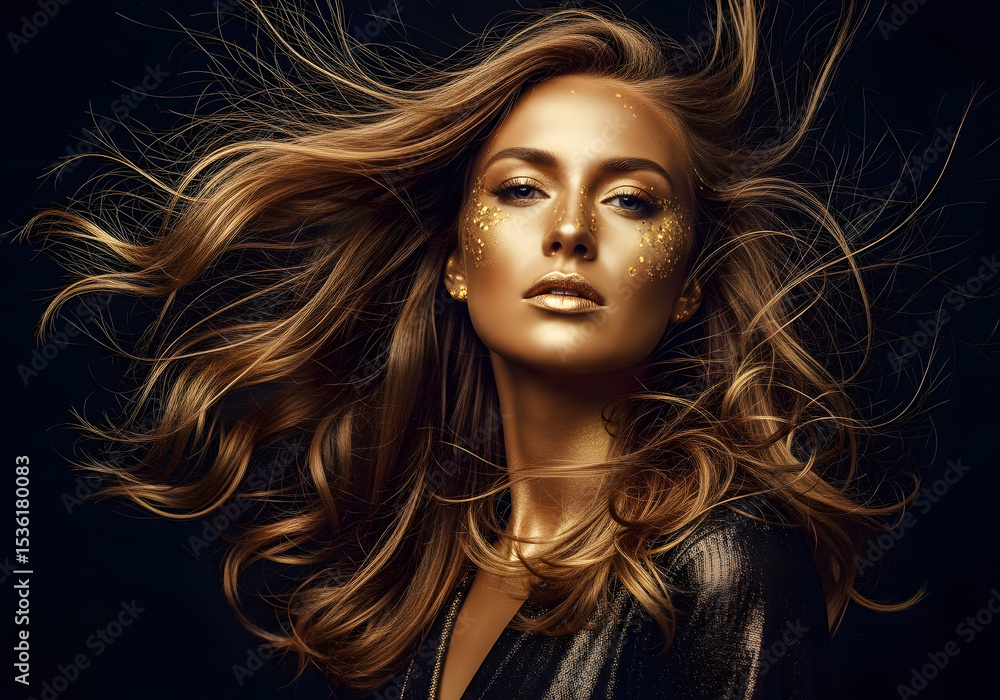Fototapeta premium Gold woman with beauty model girl golden makeup and long hair on black background. Glowing gold skin and fluttering hair. Metallic fashionable portrait with a mes.