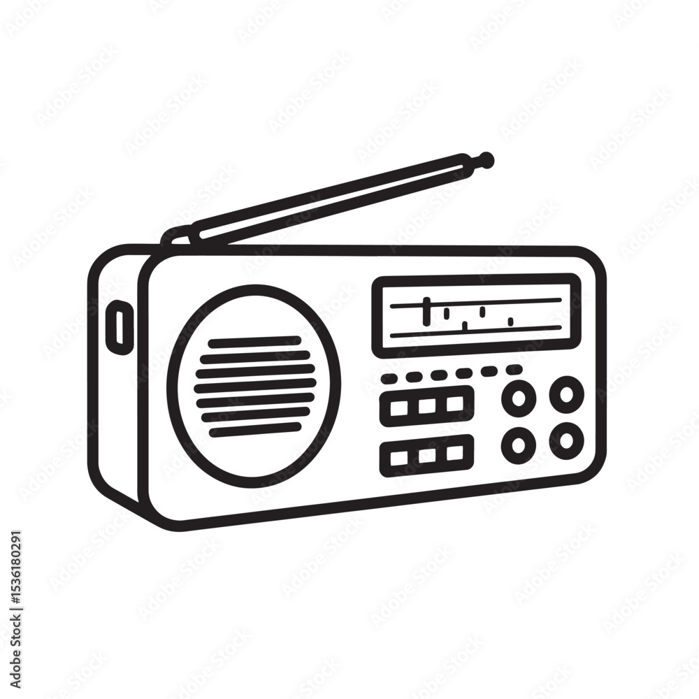 A sleek black and white silhouette of a vintage radio receiver with an antenna speaker and volume controls suitable for various uses. A sleek black and white silhouette of a vintage radio receiver with an antenna speaker and volume controls suitable for various uses.