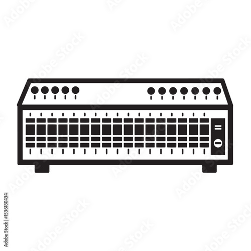 A stylized black and white silhouette illustration depicting a technical control panel for audio and equipment devices