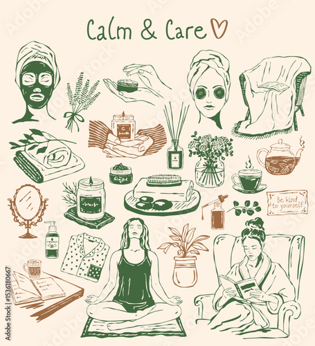 Vector set of hand-drawn sketches themed around calm and self-care. Includes face cream, serum, candles, herbal tea, towel, and other cozy elements. Line art with an organic, relaxing feel