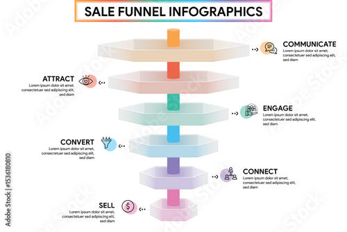 6 Phase Funnel Diagram in Glassmorphism Style. Hexagon Shape with Cylinder Pipeline Infographic Template Illustration for Business Report.