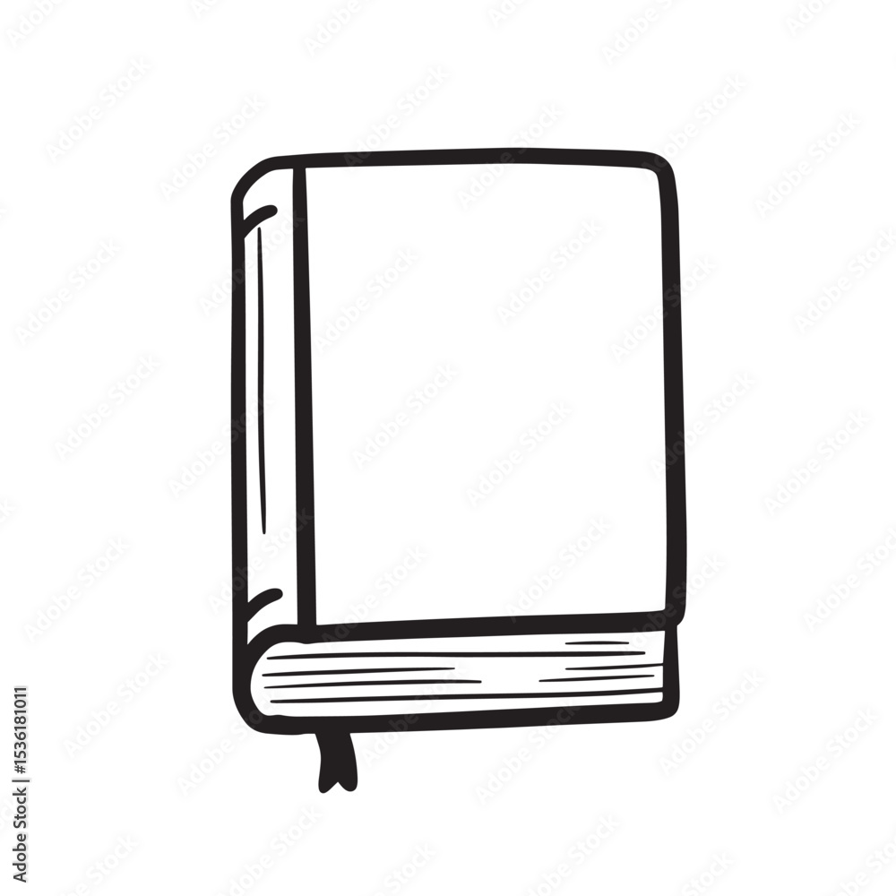 Black and white hand drawn book illustration with a bookmark representing literature education reading and knowledge Black and white hand drawn book illustration with a bookmark representing literature education reading and knowledge