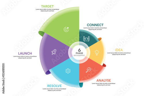 Origami Style Pie Chart Circle Infographic Template With 6 Options, Steps, Parts, Segments. Business Concept. Marketing iInfographic Vector Illustration.