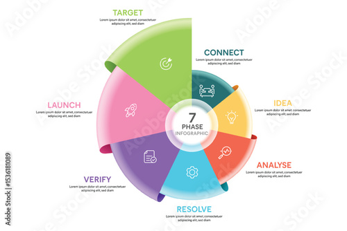 Origami Style Pie Chart Circle Infographic Template With 7 Options, Steps, Parts, Segments. Business Concept. Marketing iInfographic Vector Illustration.