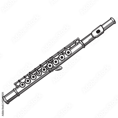 Black and white silhouette illustration of a classical flute instrument against a clean white background for decorative purposes