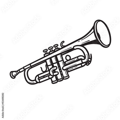 Black and white silhouette of a trumpet musical instrument isolated on a clean white background illustration suitable for various design purposes.
