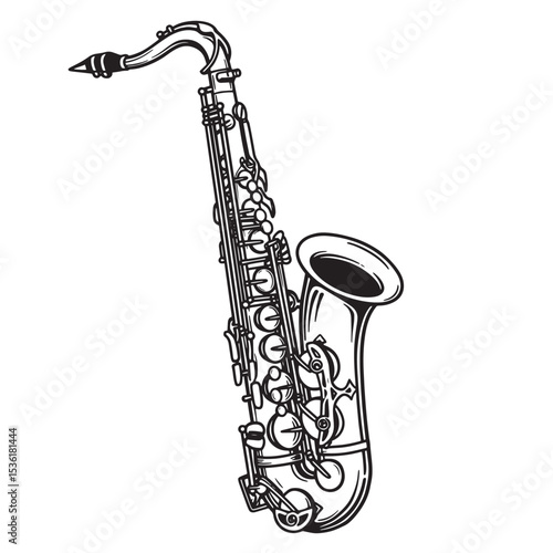 Classic monochrome vector illustration of a saxophone depicting musical instrument design and its silhouette isolated on white background