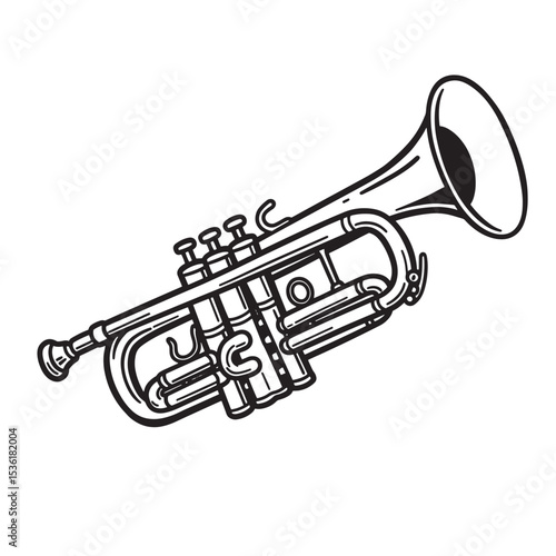 Detailed black and white silhouette illustration of a trumpet musical instrument isolated on white background