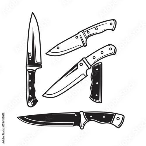 Detailed black and white silhouette illustrations featuring a variety of knives showing different blade and handle designs on a white background.