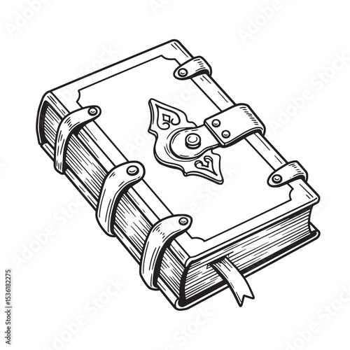 Detailed silhouette of a vintage book with decorative buckles and lock illustration in a hand drawn style