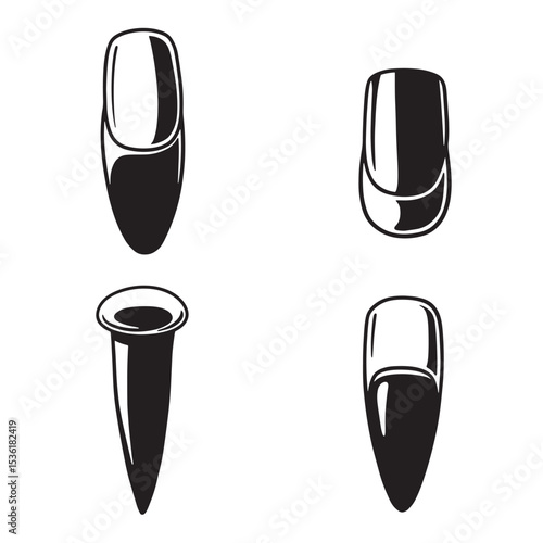 Elegant black and white silhouette nail designs showcasing various trendy shapes for manicure or nail art inspiration