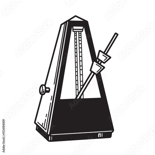 Simple black and white silhouette illustration of a classic mechanical metronome used to keep musical tempo accurately.