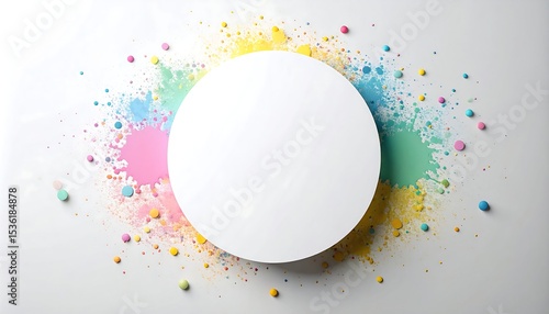 A bright and cheerful background with splashes of pastel paint, in the center is a clean white circular frame placed as space for text or a logo.
