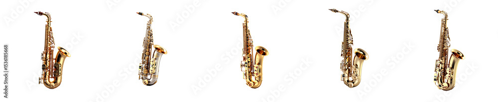 Naklejka premium Five saxophones are lined up in a row
