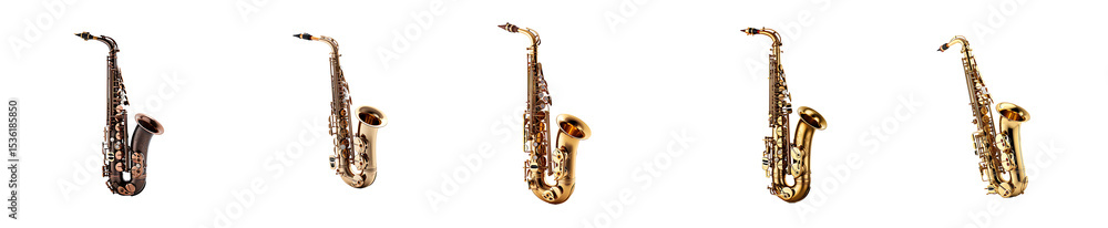 Naklejka premium Row of five saxophones are shown in different colors