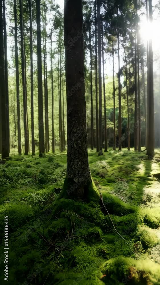 Lush green mossy forest floor with tall trees and sunlight shining through the canopy in woodland nature scene Lush green mossy forest floor with tall trees and sunlight shining through the canopy in woodland nature scene