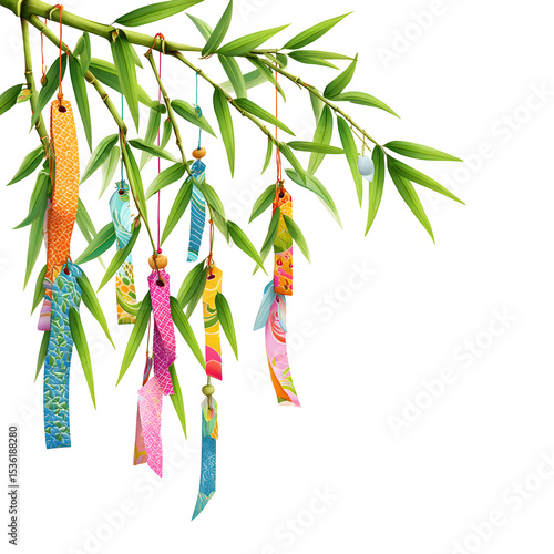 Vibrant paper wishes adorn lush bamboo branch