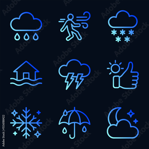 Varied weather conditions depicted in icons. Icon symbol illustration
