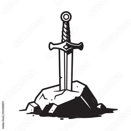 A classic silhouette depicting a medieval sword embedded in a stone illustrating power authority and symbolism for design.