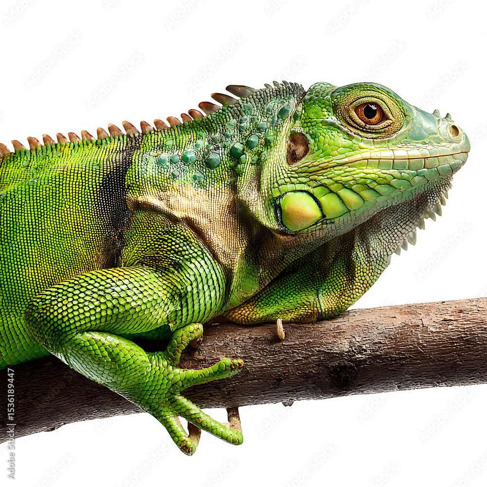 Fototapeta premium Iguana on tree branch with tail curled, isolated on transparent background