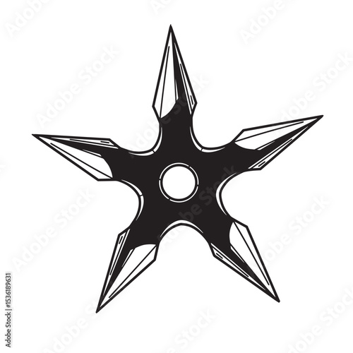 A detailed vector illustration featuring a black silhouette of a ninja star weapon displayed against a clean white background.
