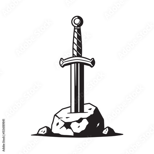 A monochrome illustration of a sword stuck into a stone symbolizing strength power and the legendary excalibur.