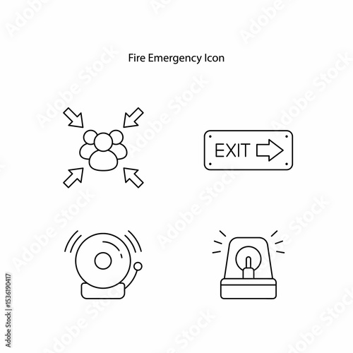Fire emergency icon set containing an evacuation point icon, an exit sign, a bell, and an alarm, outline icon set on a white background.