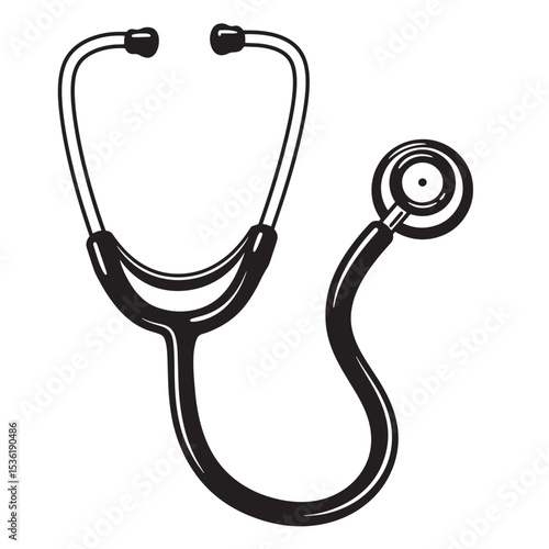 An isolated black and white silhouette illustration of a stethoscope used by medical professionals to diagnose patients.