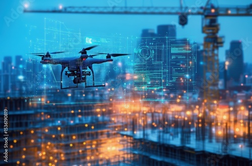 Drone scanning a digital blueprint over a smart construction zone, city skyline