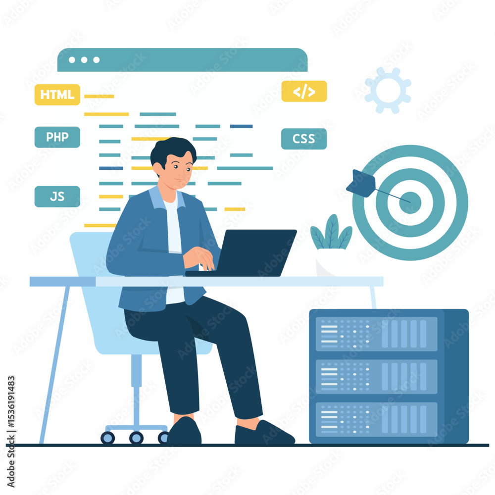 Software Development Illustration. Vector illustration of A programmer writes code with HTML, CSS, PHP, and JS tags displayed on screen. Isolated on background Software Development Illustration. Vector illustration of A programmer writes code with HTML, CSS, PHP, and JS tags displayed on screen. Isolated on background