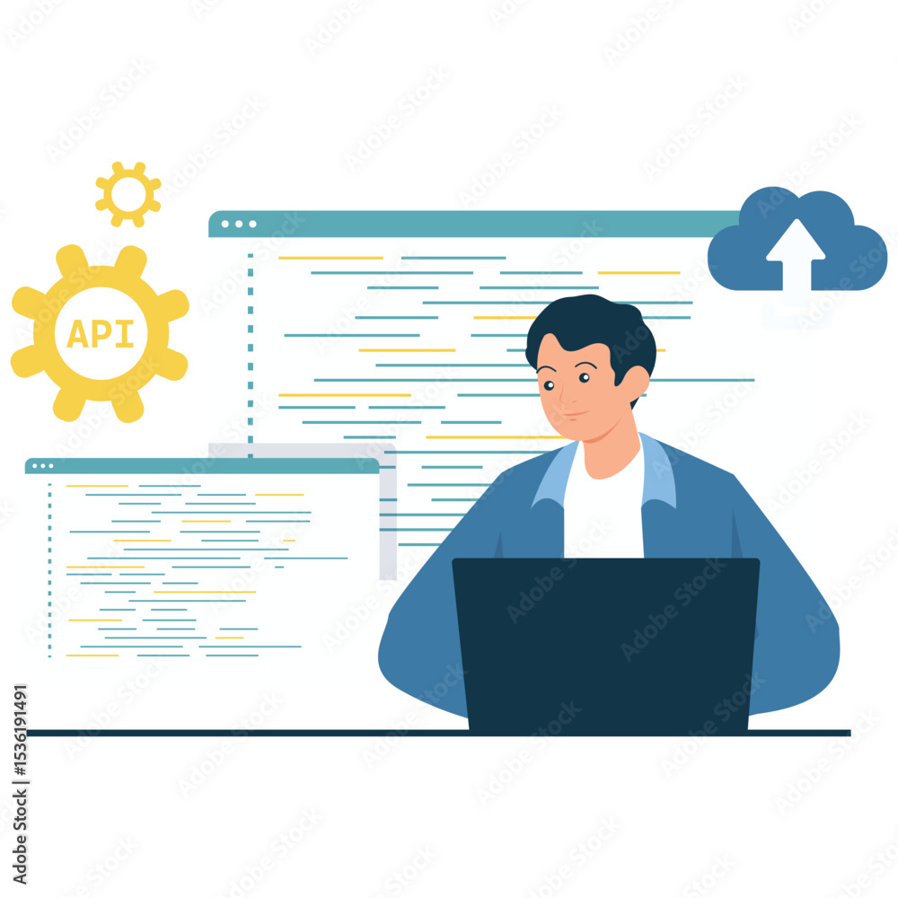 Software Development Illustration. Vector illustration of A male developer works on API coding and cloud-based systems. Isolated on background Software Development Illustration. Vector illustration of A male developer works on API coding and cloud-based systems. Isolated on background