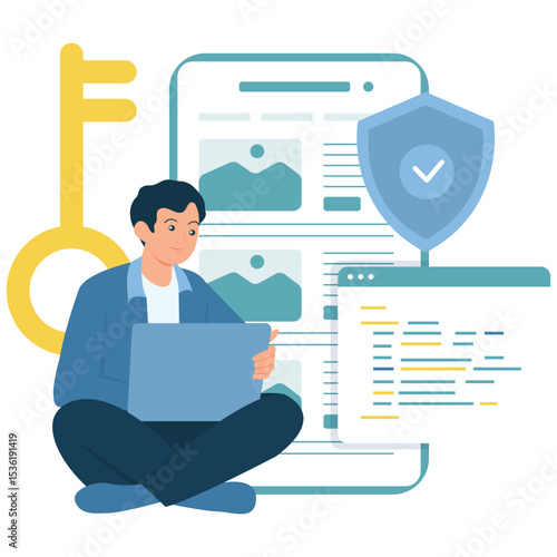 Software Development Illustration. Vector illustration of A man sits with a laptop while working on secure web development with key and shield icons in the background. Isolated on background