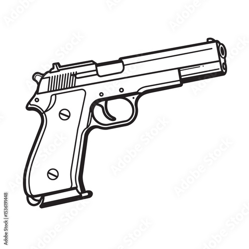 Detailed silhouette depiction of a classic semiautomatic handgun with white grip and design suitable for various graphic applications
